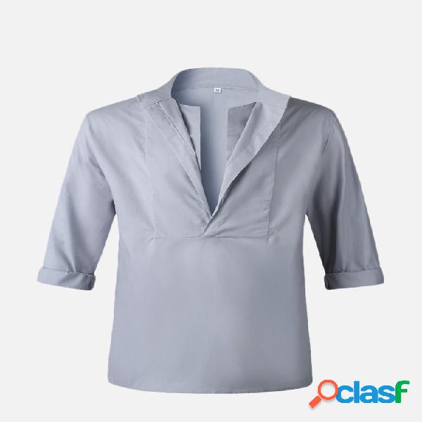 Mens Henley Collar Half Sleeve Solid Color Loose Praia