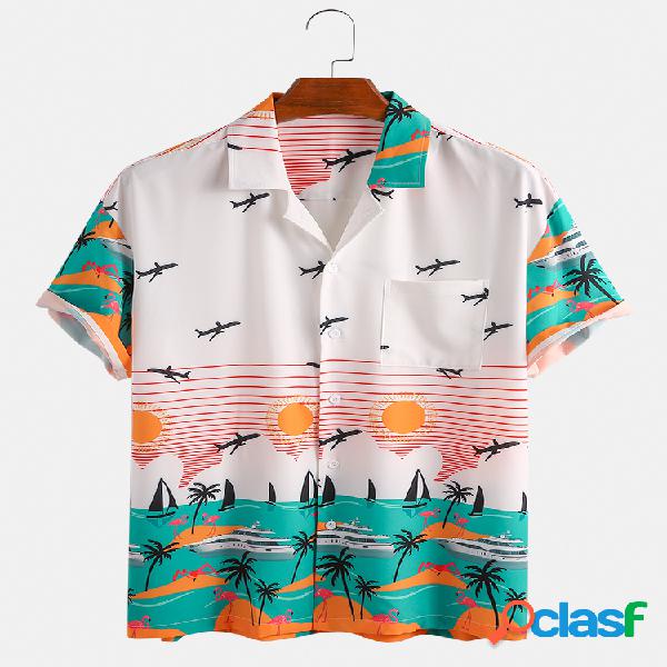 Mens Holiday Praia Print Summer Camisas de grife de manga