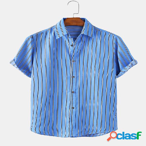 Mens Holiday Style Striped Casual Camisas de manga curta