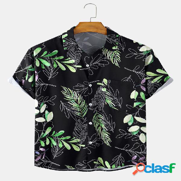 Mens Holiday Tropical Folha Impresso Pocket Light Casual