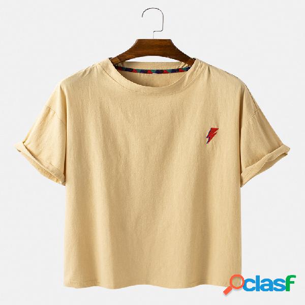 Mens Lightning bordado respirável O-Neck Casual manga curta