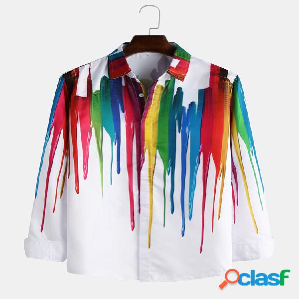 Mens Multi-color Graffiti Striped manga comprida Slim Fit