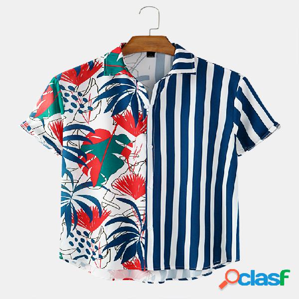Mens Printed Floral Stripe Patchwork Holiday Casual Camisas