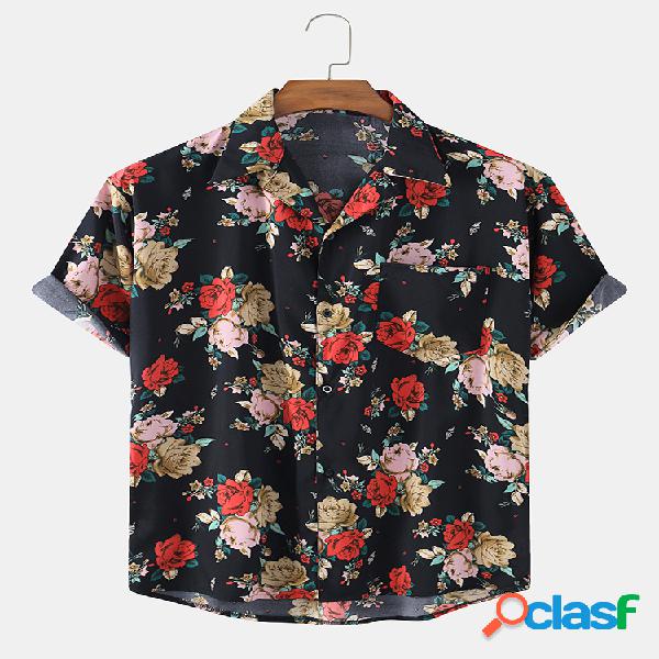 Mens Retro Colorful Rose Print Chest Pocket Casual Camisas