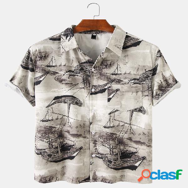 Mens Sailboat Impresso Pocket Light Casual Camisas de manga