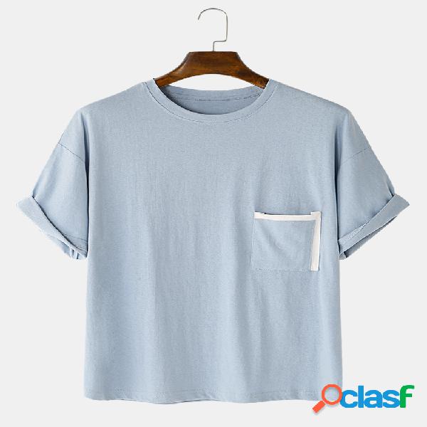 Mens Solid Color Chest Pocket respirável Loose O-Neck