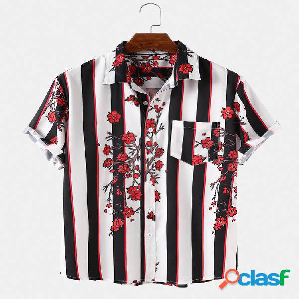 Mens Stripe & Floral Print Causal Chest Camisas de manga