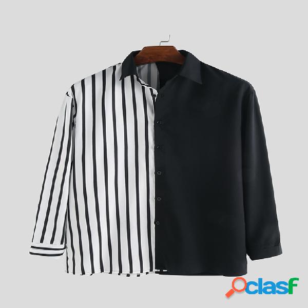 Mens Stripe Hit Color Patchwork Stylelish Casual Camisas de