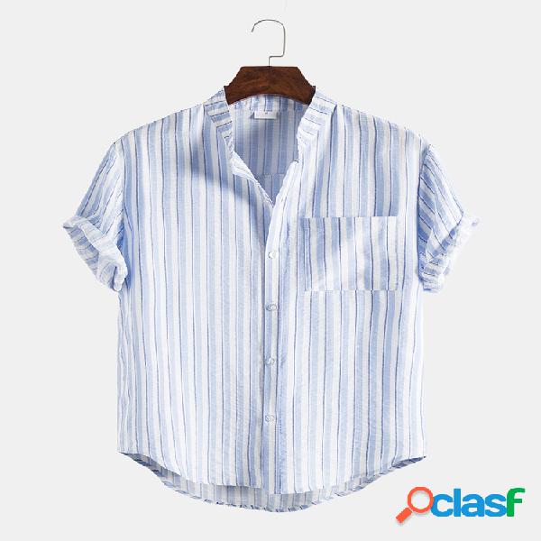 Mens Striped Cotton Chest Pocket Camisas de manga curta