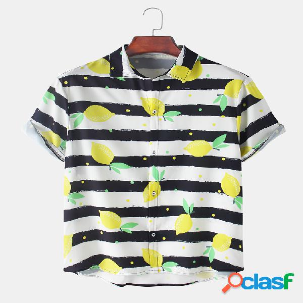 Mens Striped Fruit Print Camisas de manga curta casuais