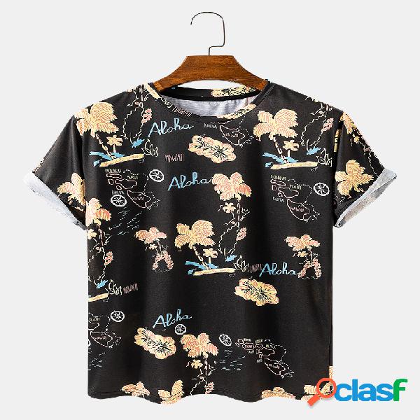 Mens Summe Praia Print Loose Casual Light O-Neck Camisetas