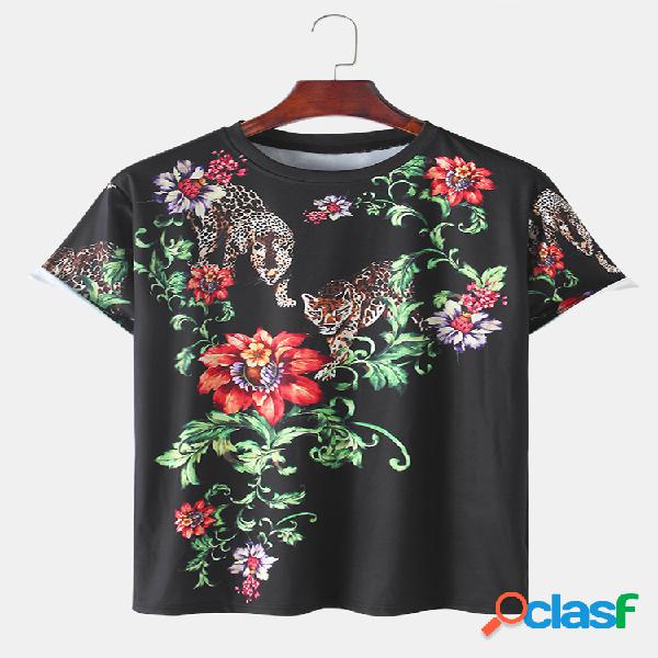 Mens Tiger & Floral Print Casual Light Thin O-Neck Camisetas