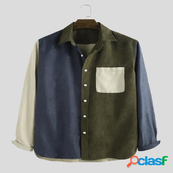 Mens Veludo de algodão Patchwork Hit Color Chest Pocket