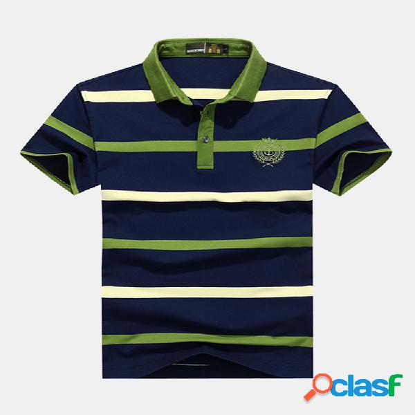 Mens Verão Listrado Impresso Turndown Collar Manga curta