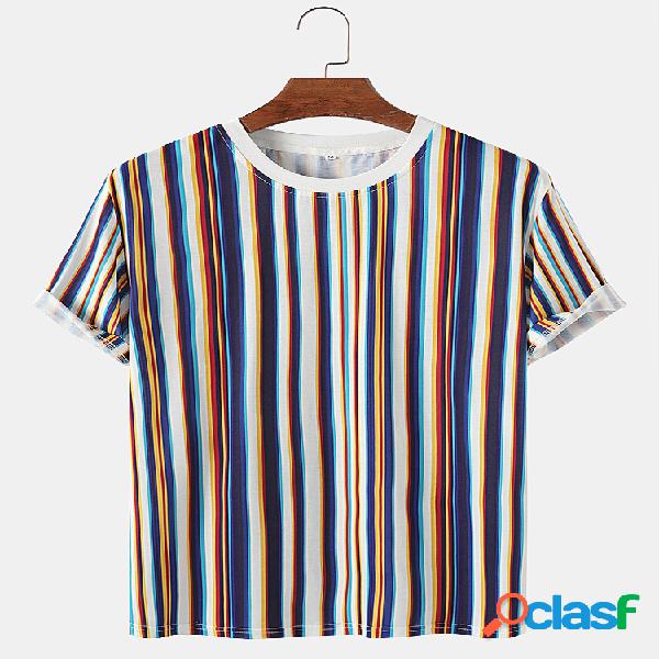 Mens Vertical Stripes Print Casual T-shirt respiráveis e