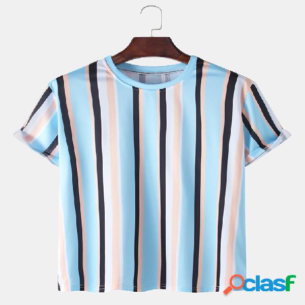 Mens Vertical Stripes Print Loose Casual Respirável Round