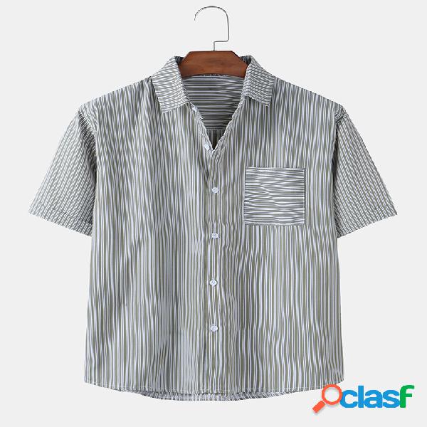 Mens Vertical Stripes Print Loose Light Chest Pocket Camisas