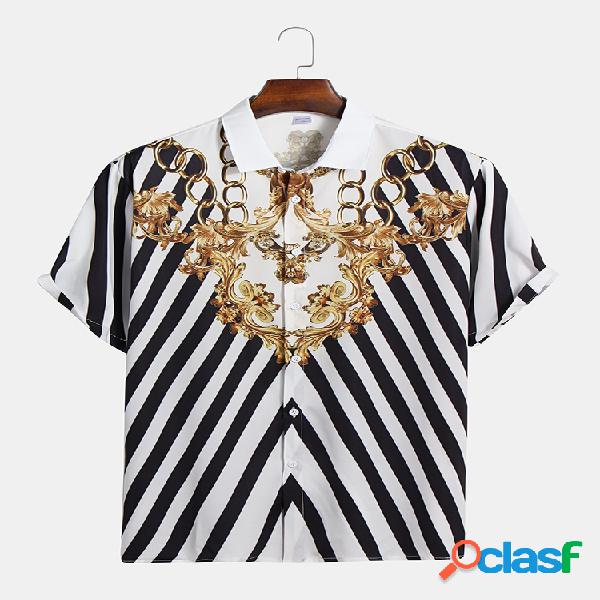 Mens Vintage Barroco Impresso Turn Down Collar Manga curta