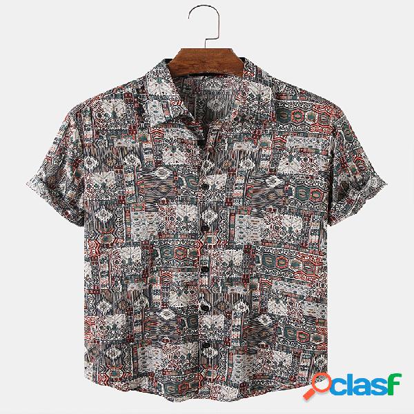 Mens Vintage Retro Style Print Respirável Casual Camisas de
