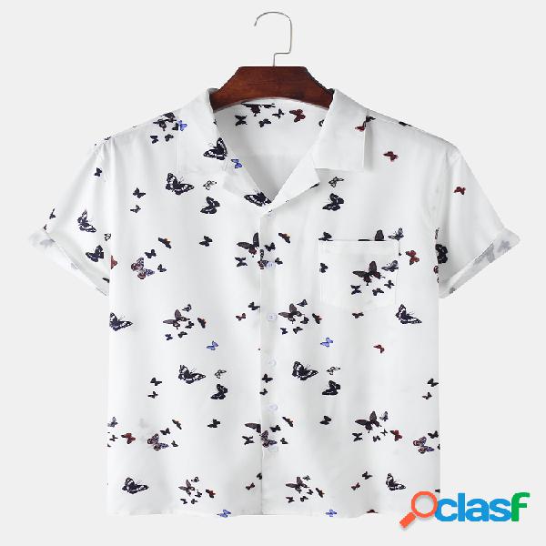 Mens borboleta impressão luz casual lapela colar Camisa