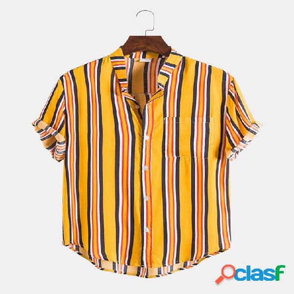 Mens respirável casual listrado rodada hem camisas de manga