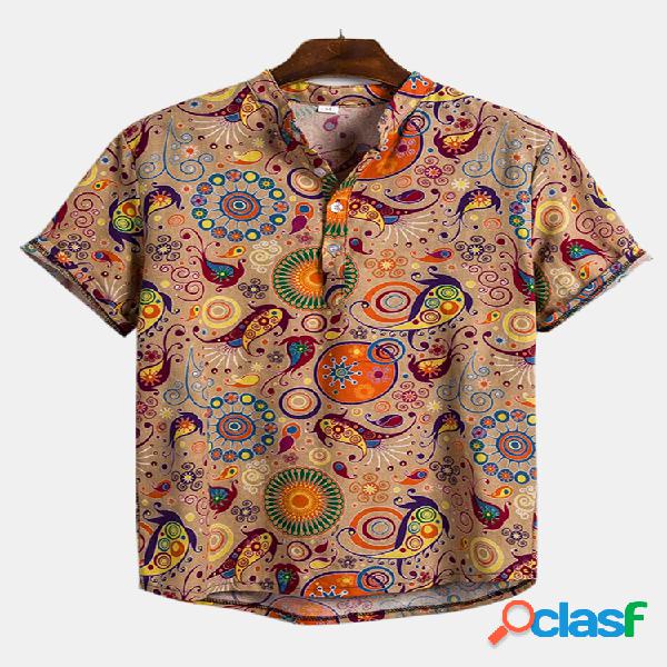 Mens solto engraçado impresso gola de manga curta Henley