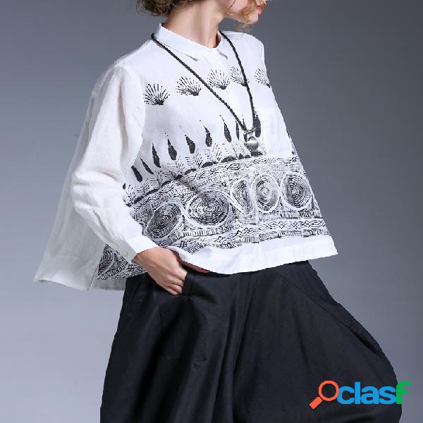 Miting Casual Loose Printed Turn-Down Collar Blusas Mulheres