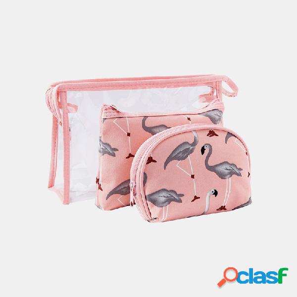 Mulheres 3Pcs Impermeável PVC Print Flamingo Travel Storage