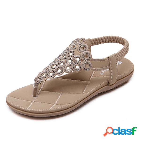 Mulheres Bohemia Praia Rhinestone Oco Clipe Toe Sandálias