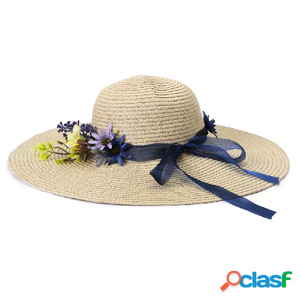 Mulheres Dobrável Flor Sunscreen Bucket Palha Chapéu Ao Ar