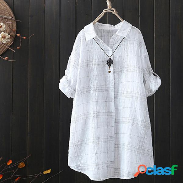 Mulheres Loose Plaid Imprimir Irregular Manga Longa Casual