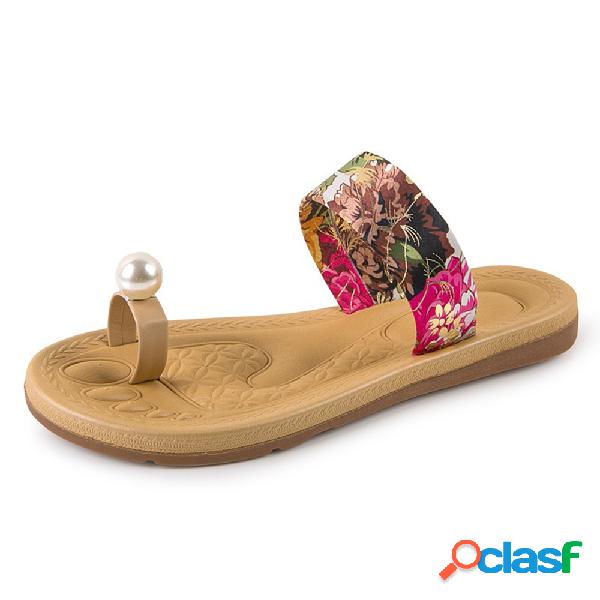 Mulheres Praia Casaul Flores Pérola Clipe Toe Flat Soft