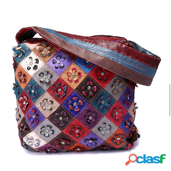Mulheres Vintage Couro Genuíno Bolsas Floral Lazer Sacos