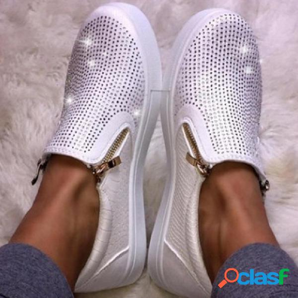 Mulheres casuais strass zipper Soft mocassins planas