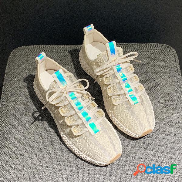 Mulheres luminosa tira casual Soft inferior lace up tênis