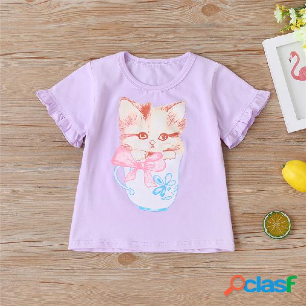 O gato da menina imprime mangas curtas o-pescoço t-shirt