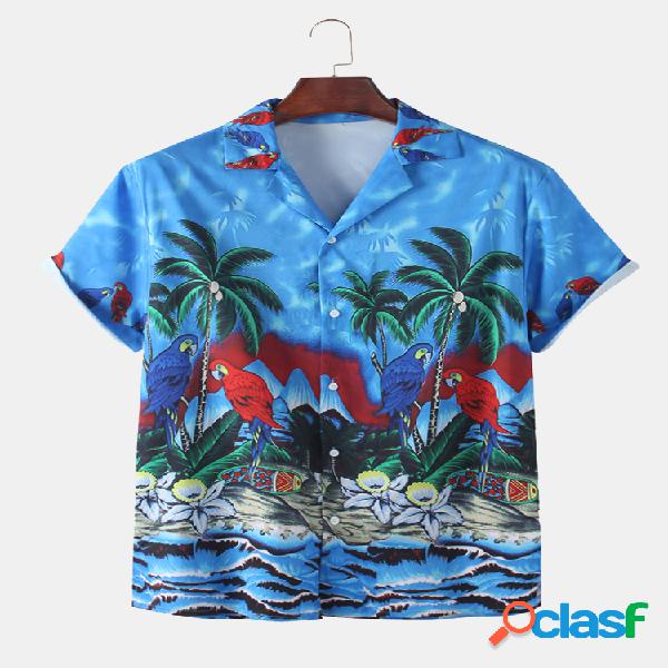 Parrot Coco Tropical Print Holiday manga curta para homem