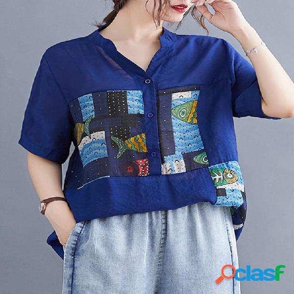 Peixe impresso patchwork blusa botão gola v