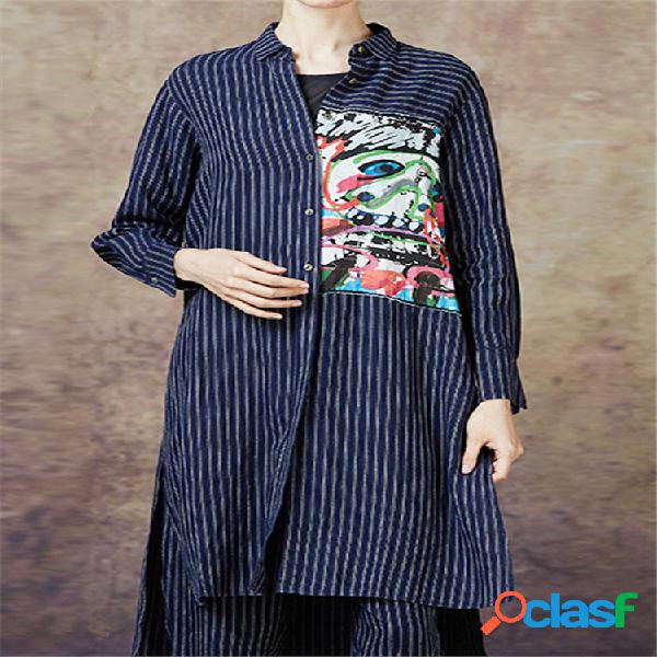 Print Abstract Art Striped Button Down Camisa