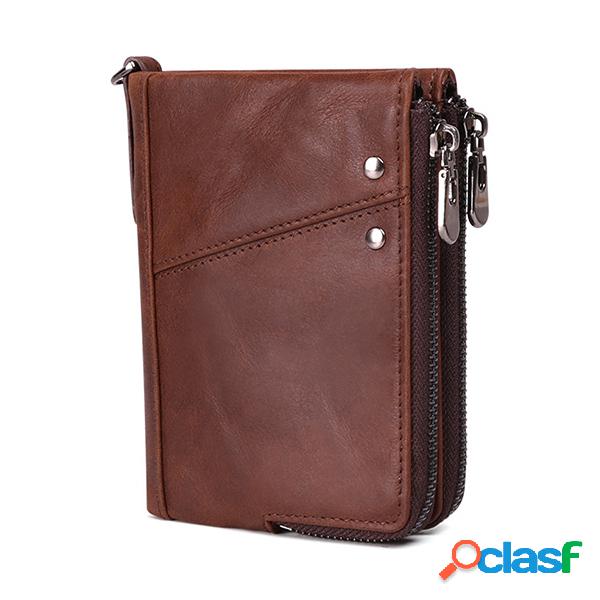 RFID Homens Couro Genuíno 10 Card Slot Wallet Zíper Duplo