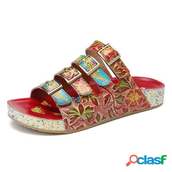 SOCOFY Correias de fivela floral de couro artesanal da