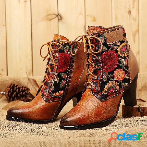 SOCOFY Retro Mulheres Bordado Couro Genuíno Splicing Lace