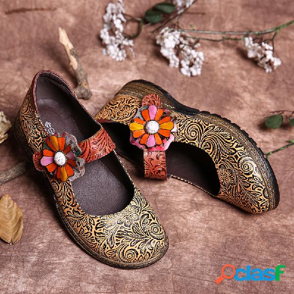 SOCOFY Retro impressão couro genuíno emenda Floral Gancho