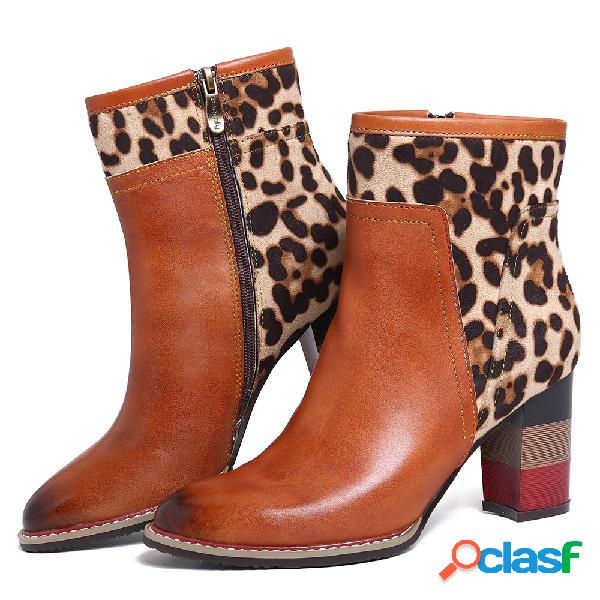 SOOCFY Leopard Padrão Emenda Couro Genuíno Botas curtas