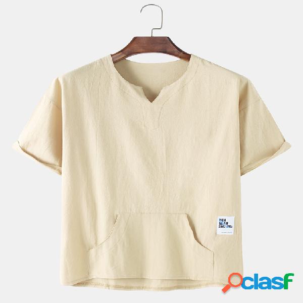 T-shirt de algodão e linho com bolso grande e respirável