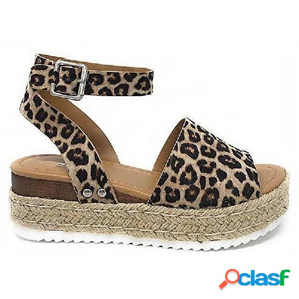 Tamanho grande mulheres verão leopardo peep toe sandálias