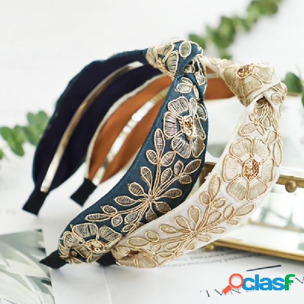 Tecido de bordado de cetim vintage Headband atado flores