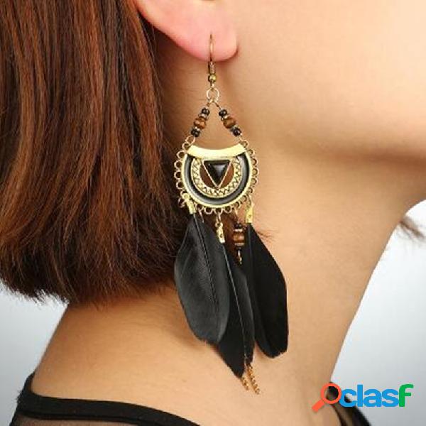 Vintage Feather Tassel Long Brincos Metal Geometric Hollow