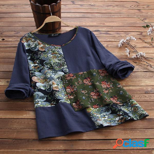Vintage Patchwork Floral Print Plus Blusa de tamanho