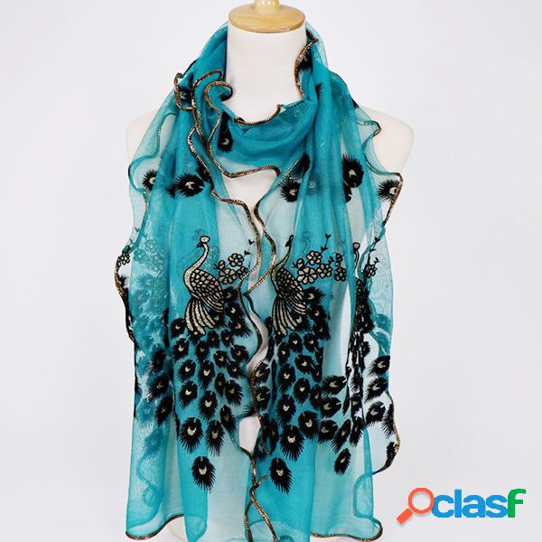 190CM Mulheres Peacock Pattern Lace Gold Foil Cachecóis